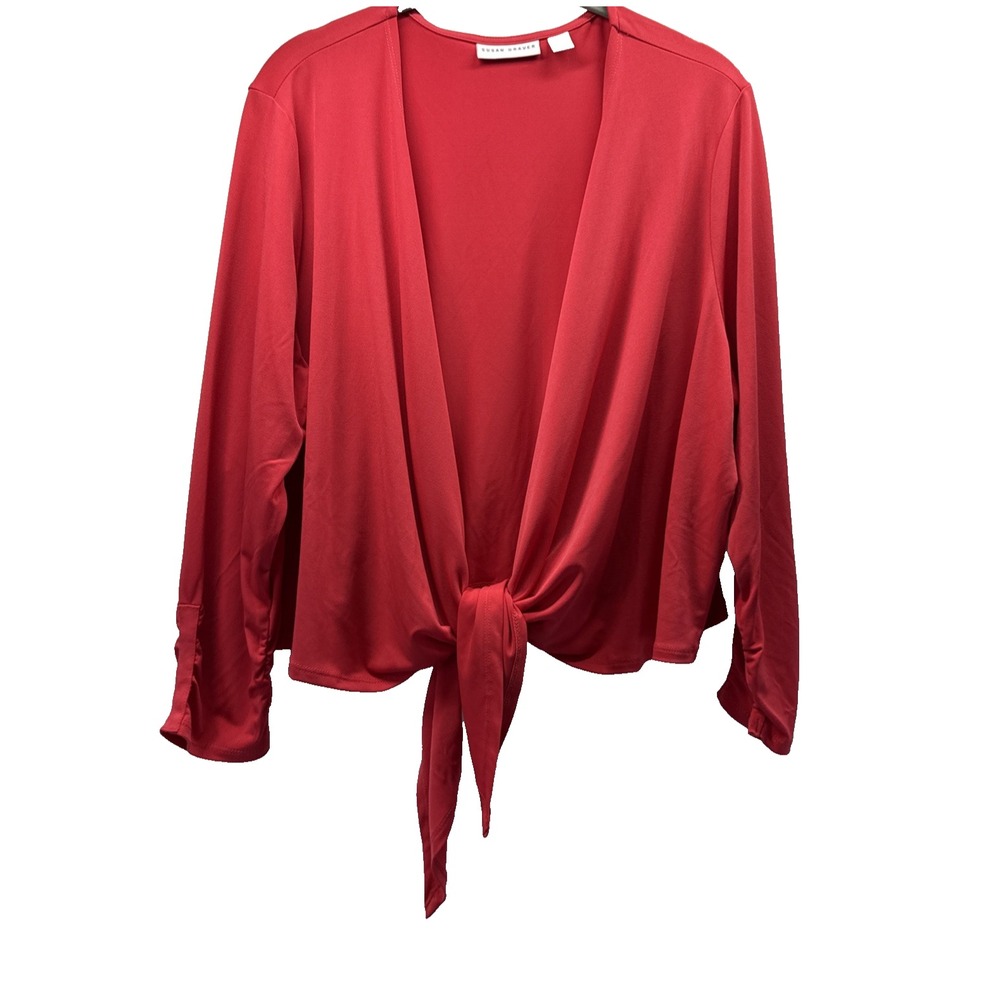 Susan Graver Women's Cardigan Size Large Solid Red Tie Ruched Long Sleeves Open